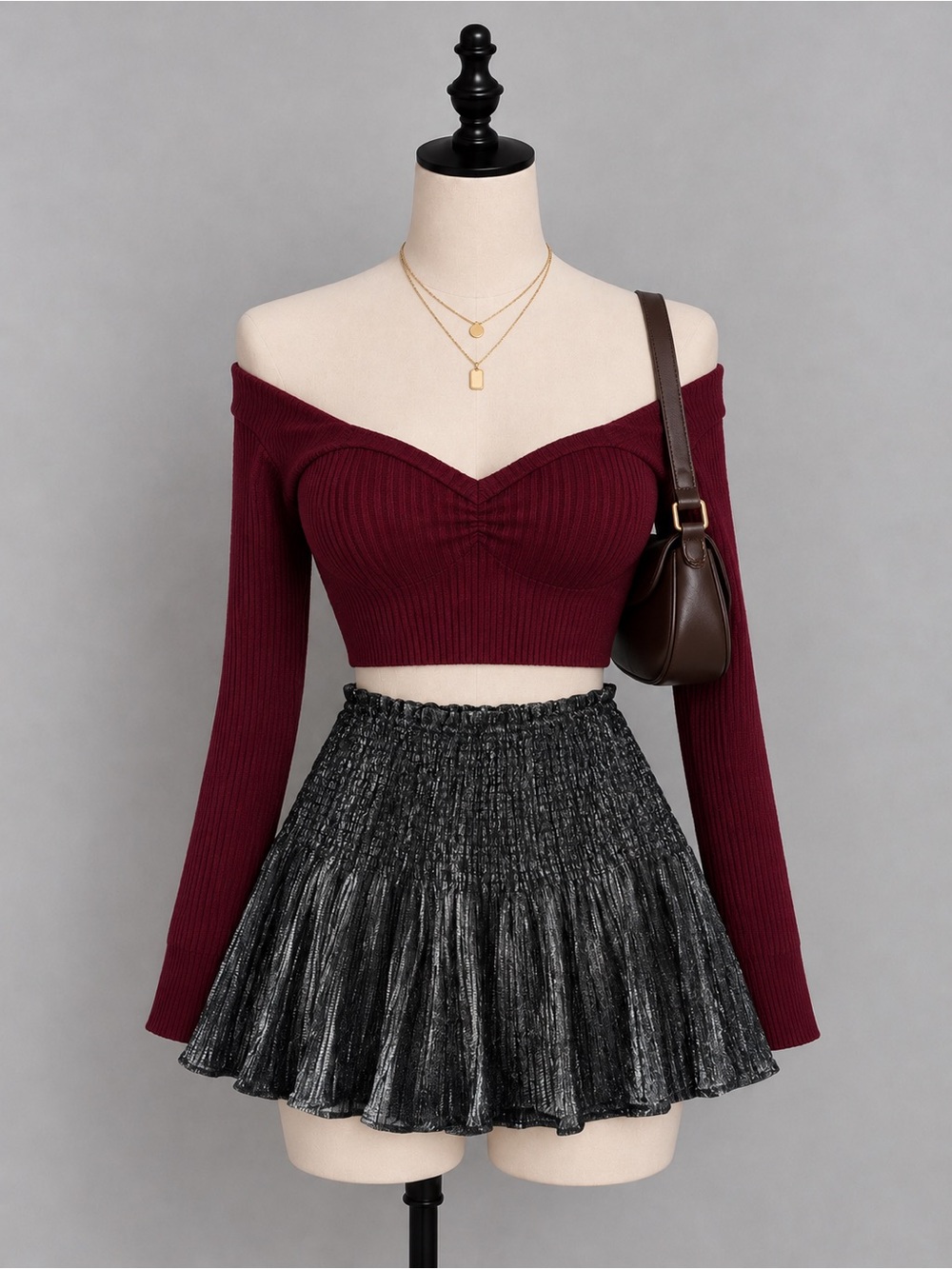 Zara Black Shimmery Smocked Skater Skirt